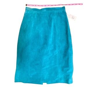 True Vintage 90s Outerwear by Phoenix Turquoise Cow Suede Leather Midi Skirt‎
